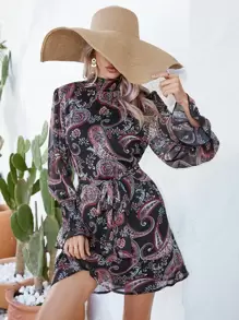 SHEIN LUNE Paisley Print Flounce Sleeve Dress - Multicolor - View 1