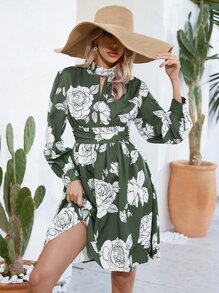 SHEIN LUNE Floral Print Choker Neck Dress - Green - View 2