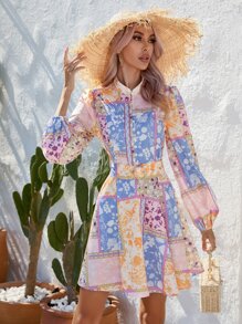 SHEIN VCAY Scarf Print Lantern Sleeve Button Front Shirt Dress - Multicolor - View 5