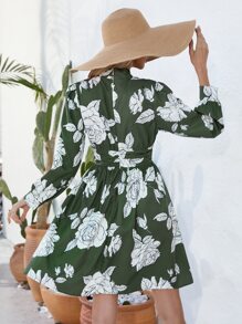 SHEIN LUNE Floral Print Choker Neck Dress - Green - View 3