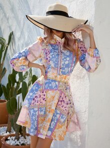 SHEIN VCAY Scarf Print Lantern Sleeve Button Front Shirt Dress - Multicolor - View 6