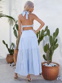 SHEIN VCAY Đầm Lộ Lưng Cắt ra Buộc lại Sọc ca rô Boho - Màu xanh lam - Xem 2