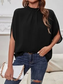SHEIN Clasi Blusa fruncido cuello de manga murciélago con cordón trasero - Negro - Ver 1