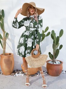 SHEIN LUNE Floral Print Choker Neck Dress - Green - View 4