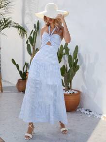 SHEIN VCAY Đầm Lộ Lưng Cắt ra Buộc lại Sọc ca rô Boho - Màu xanh lam - Xem 3