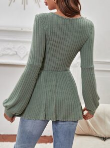 SHEIN Privé Áo thun nữ Viên lá sen Gân đan màu trơn Giải trí - màu xanh lá - Xem 2