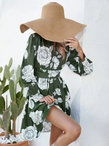 SHEIN LUNE Floral Print Choker Neck Dress - Green - View 5