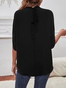 SHEIN Clasi Blusa fruncido cuello de manga murciélago con cordón trasero - Negro - Ver 2