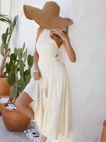 GENKIRA Tie Back Cut Out Layered Hem Halter Dress - Beige - View 1