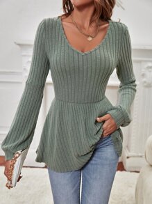 SHEIN Privé Áo thun nữ Viên lá sen Gân đan màu trơn Giải trí - màu xanh lá - Xem 3