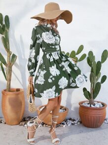 SHEIN LUNE Floral Print Choker Neck Dress - Green - View 6