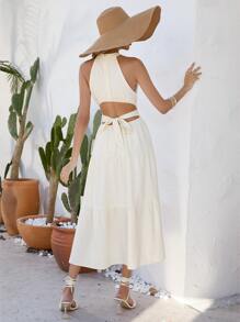 GENKIRA Tie Back Cut Out Layered Hem Halter Dress - Beige - View 2