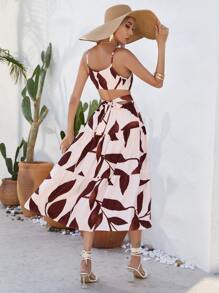 SHEIN VCAY Vestido de tirantes con estampado de hoja bajo con fruncido - Beis - Ver 2