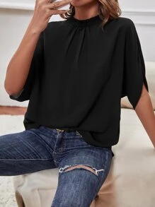 SHEIN Clasi Blusa fruncido cuello de manga murciélago con cordón trasero - Negro - Ver 4
