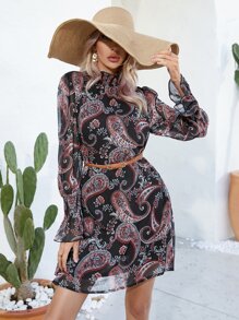 SHEIN LUNE Paisley Print Flounce Sleeve Dress - Multicolor - View 5