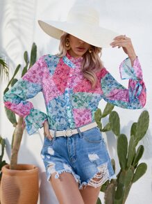 SHEIN LUNE Patchwork & Paisley Print Flounce Sleeve Shirt - Multicolor - View 3