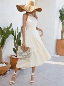 GENKIRA Tie Back Cut Out Layered Hem Halter Dress - Beige - View 4