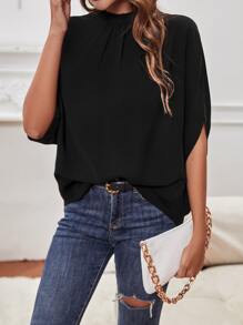 SHEIN Clasi Blusa fruncido cuello de manga murciélago con cordón trasero - Negro - Ver 5