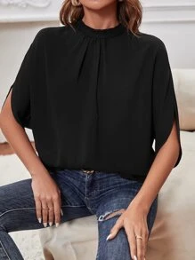 SHEIN Clasi Blusa fruncido cuello de manga murciélago con cordón trasero - Negro - Ver 6