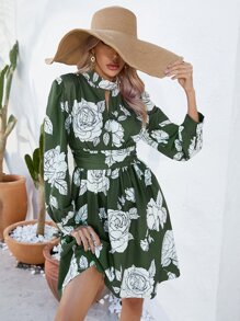 SHEIN LUNE Floral Print Choker Neck Dress - Green - View 7