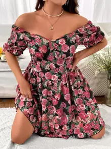 SHEIN Holidaya Vestido con estampado floral de hombros descubiertos de manga con volante - Multicolor - Ver 1