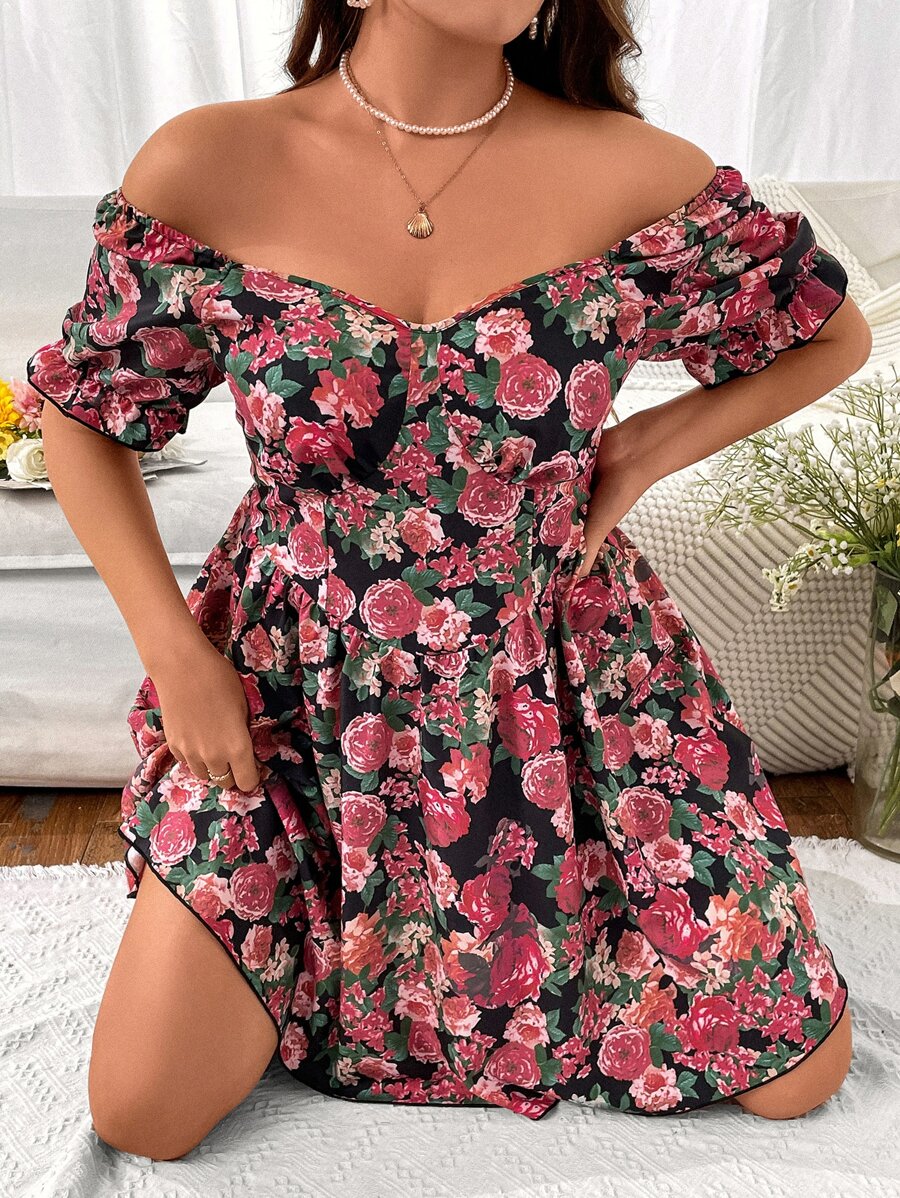 SHEIN Holidaya Vestido con estampado floral de hombros descubiertos de manga con volante - Multicolor - Ver 1