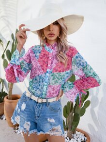 SHEIN LUNE Patchwork & Paisley Print Flounce Sleeve Shirt - Multicolor - View 5