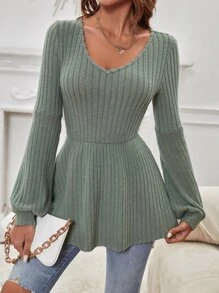 SHEIN Privé Áo thun nữ Viên lá sen Gân đan màu trơn Giải trí - màu xanh lá - Xem 5