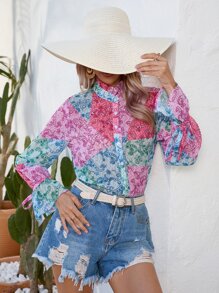 SHEIN LUNE Patchwork & Paisley Print Flounce Sleeve Shirt - Multicolor - View 6