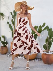 SHEIN VCAY Vestido de tirantes con estampado de hoja bajo con fruncido - Beis - Ver 6