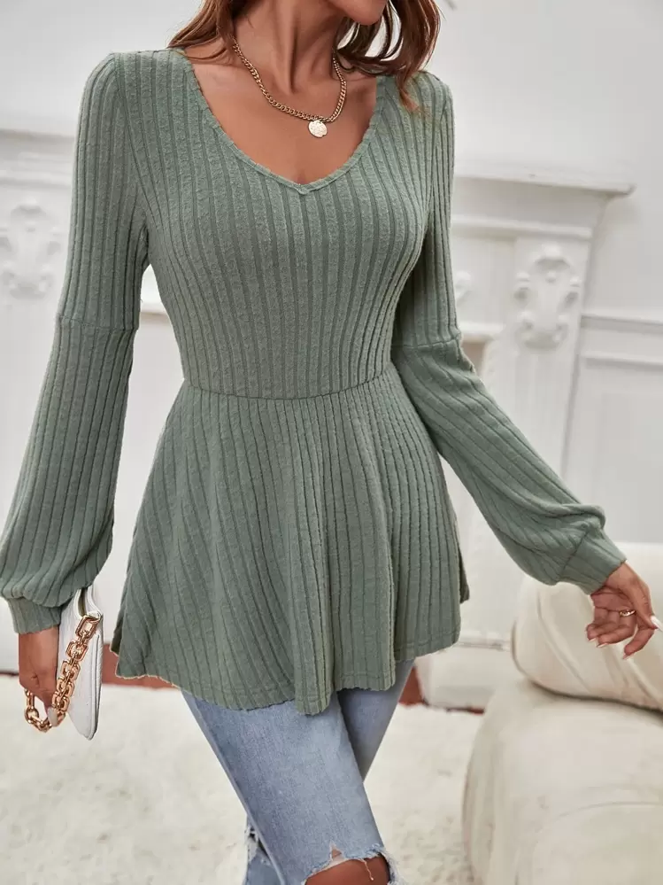 SHEIN Privé T-shirt manches bouffantes côtelé à volants - Vert - Voir 6