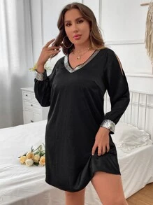 SHEIN LUNE Vestido con lentejuela en contraste de cuello V - Negro - Ver 4