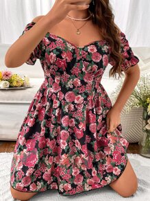 SHEIN Holidaya Vestido con estampado floral de hombros descubiertos de manga con volante - Multicolor - Ver 3