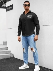 Manfinity Men Plus Letter Graphic Polo Neck Shirt - Black - View 6