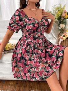 SHEIN Holidaya Vestido con estampado floral de hombros descubiertos de manga con volante - Multicolor - Ver 4