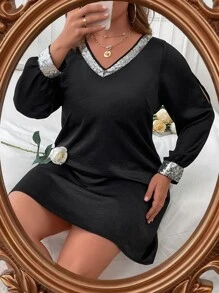 SHEIN LUNE Vestido con lentejuela en contraste de cuello V - Negro - Ver 6