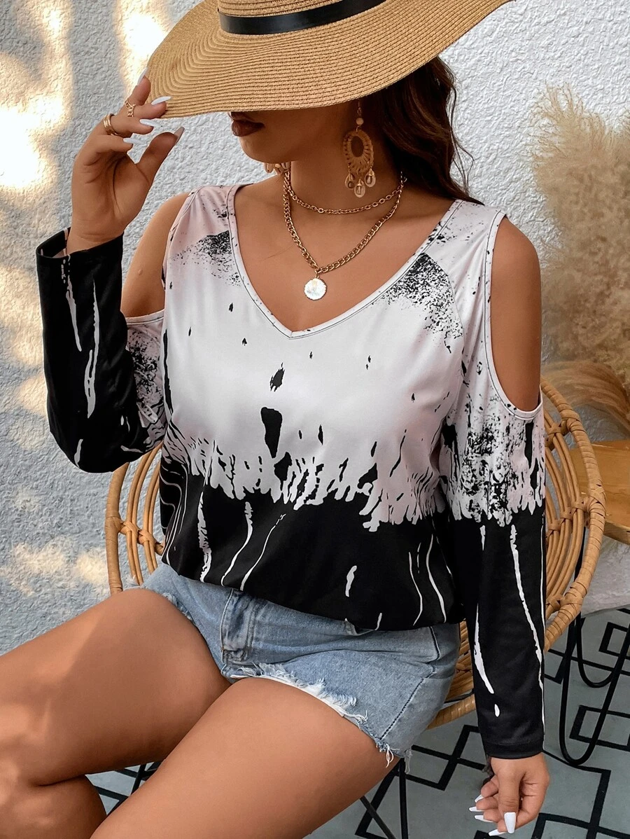 SHEIN LUNE Plus Brush Print Cold Shoulder Tee - Multicolor - View 1
