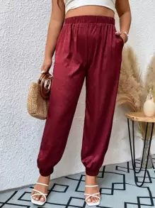 SHEIN LUNE 大碼彈性腰帶蘿蔔褲 - 酒紅色 - 查看 1