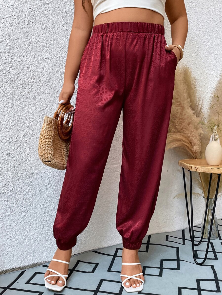 SHEIN LUNE 大碼彈性腰帶蘿蔔褲 - 酒紅色 - 查看 1