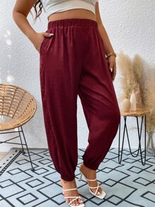 SHEIN LUNE 大碼彈性腰帶蘿蔔褲 - 酒紅色 - 查看 3