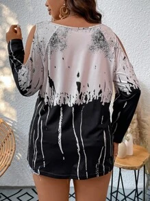 SHEIN LUNE Plus Brush Print Cold Shoulder Tee - Multicolor - View 2