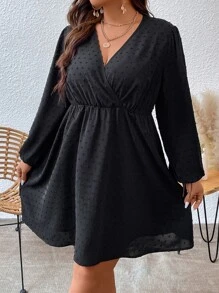 Juhart 加大码瑞士圆点斜领灯笼袖连衣裙灯笼袖连衣裙黑色加大码连衣裙 - 黑色 - 查看 5