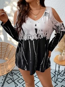 SHEIN LUNE Plus Brush Print Cold Shoulder Tee - Multicolor - View 3