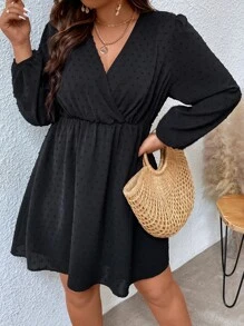 Juhart 加大码瑞士圆点斜领灯笼袖连衣裙灯笼袖连衣裙黑色加大码连衣裙 - 黑色 - 查看 6