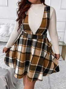 Calvaya Plus Plaid Print Pinafore Dress Without Jumper - Multicolor - View 1