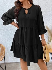 SHEIN LUNE Plus Contrast Lace Flounce Sleeve Ruffle Hem Tie Neck Smock Dress - Black - View 4