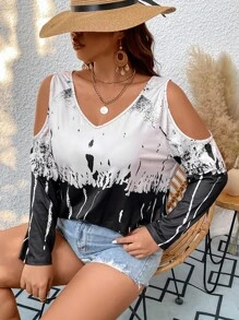 SHEIN LUNE Plus Brush Print Cold Shoulder Tee - Multicolor - View 7