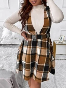 Calvaya Plus Plaid Print Pinafore Dress Without Jumper - Multicolor - View 3