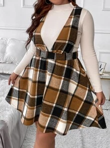 Calvaya Plus Plaid Print Pinafore Dress Without Jumper - Multicolor - View 6