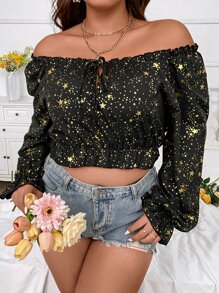Celure Plus Star Print Off Shoulder Flounce Sleeve Tie Front Blouse - Black - View 1